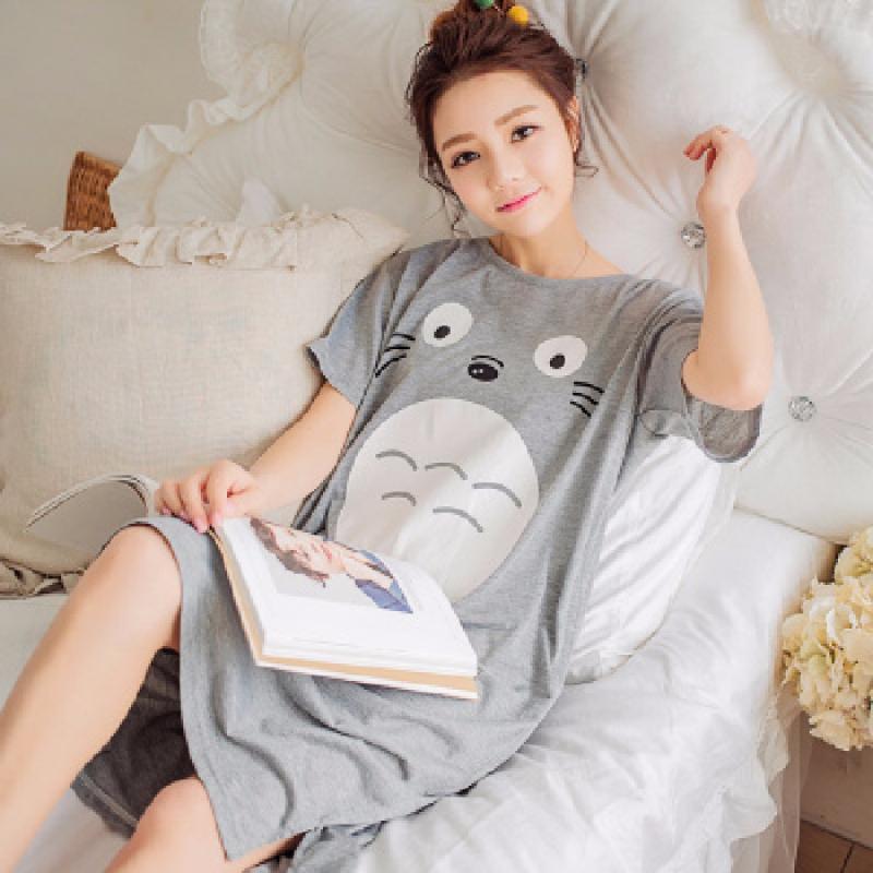 New Cartoon Totoro Pajamas Girls Sleepwear Night Dress Gray Color Summer Home Wear Comfortable Short Sleeve Dress Plus Size