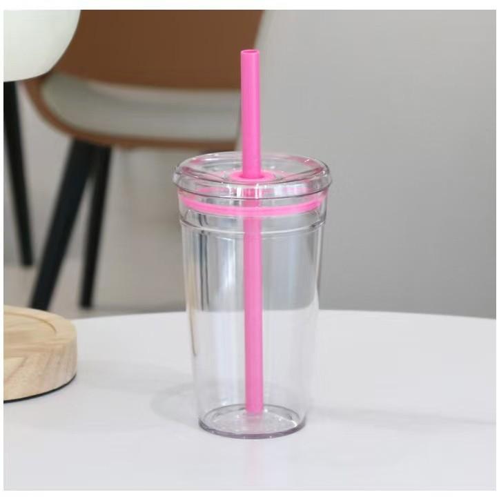Summer 450ml Drinkware Straw Cup Reusable Transparent Coffee Cup Plastic Single Layer Car Tumbler Home Office Water Cup розовый