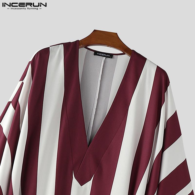 INCERUN Men V Neck Batwing Sleeve Striped Print Irregular Casual Loose Long Dress Robes