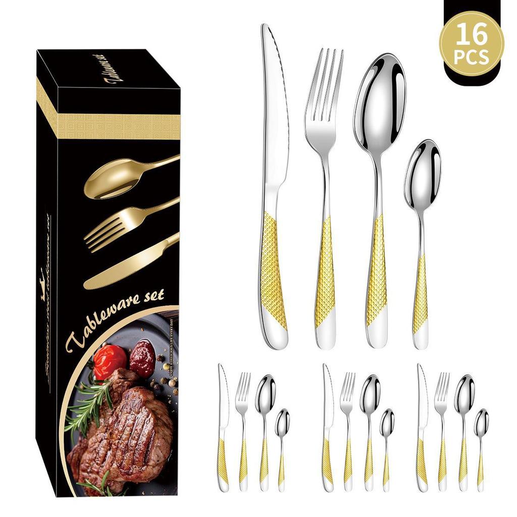 Zestaw 24-częściowej, pozłacanej zastawy stołowej ze stali nierdzewnej o wysokiej wartości: Zestaw noży, widelców i łyżek dla 6 osób, z motywem gwiazdy i diamentu, w pudełku prezentowym.