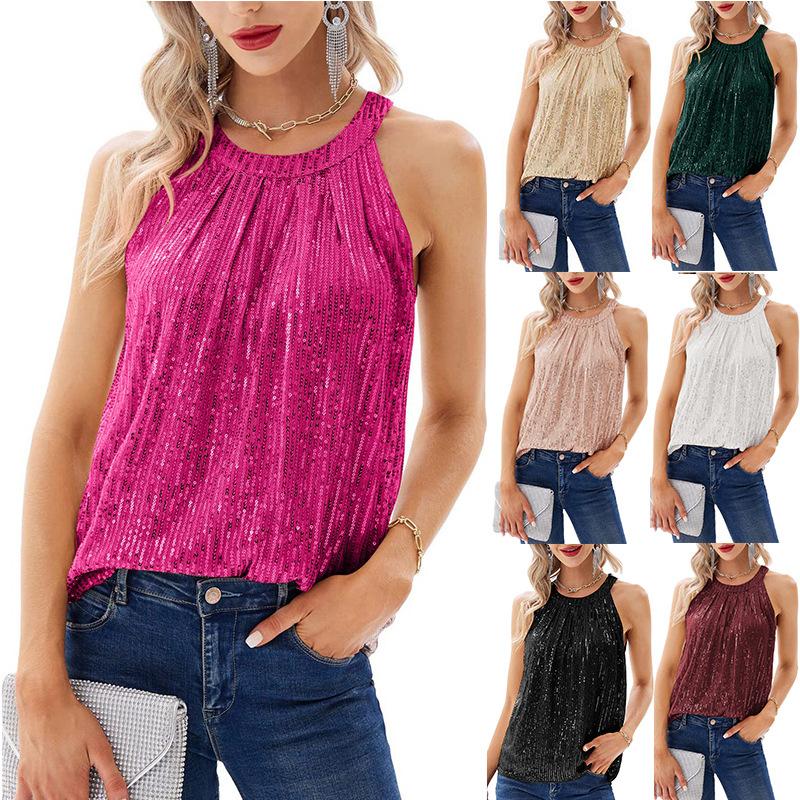Women Summer Sleeveless Sequin Solid Color Slim Fit Vest Top