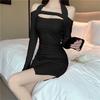 American Sexy Spicy Girl Pink Halter Long-sleeve Dress for Women, New Winter Slimming Fashion Hip-hugging Short Skirt