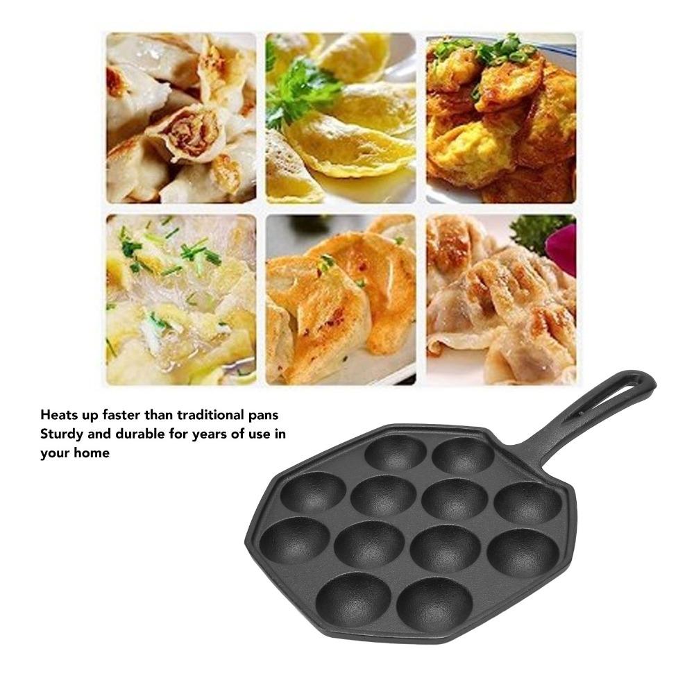 Cast Iron Egg Puff Frying Pan Non-Stick Even Heat Distribution Takoyaki Pan Heat-Resistant Handle 12 Hole Octopus Meatball Grill