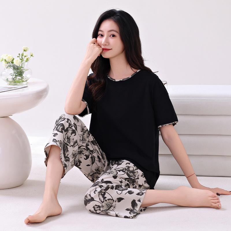 Pajamas women's summer pure cotton short-sleeved printed cropped pants thin cotton women's loungewear summer loose large size set