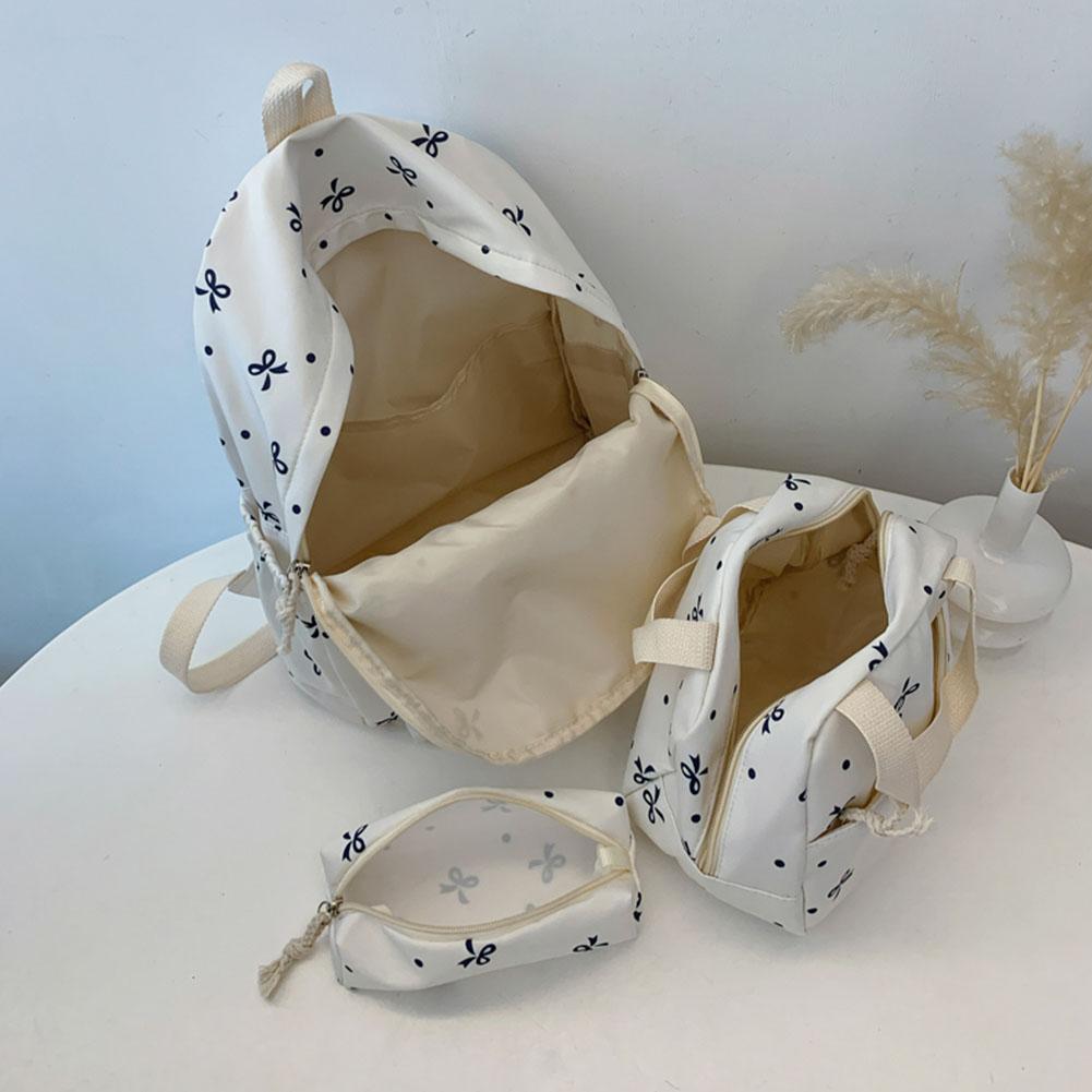 Korean Fashion Bow Print Women Backpack Simple Student Schoolbag Female Bag Set Three-Piece Backpack with Lunch Bag Pencil Case