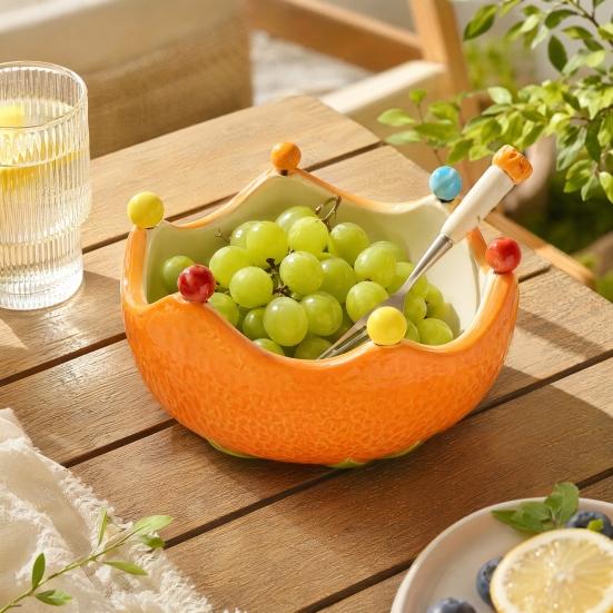 Fruit Plate with Fruit Fork, Ceramic Fruit Bowl, Orange Decorative Snack Serving Dish, for Kitchen Counter And Dining Table