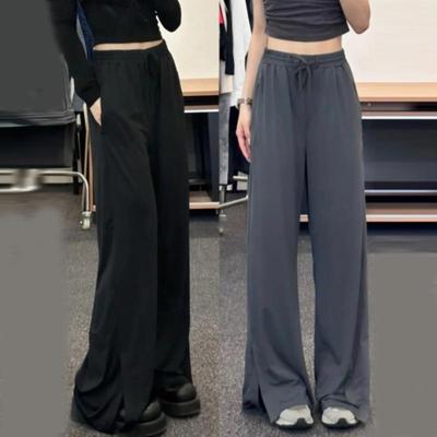 Pantaloni de vară noi cu talie înaltă, crăpați, cu picior larg, modă coreeană, largi, culoare solidă, pantaloni cu protecție solară pentru femei, lungi, casual, cu șnur 645