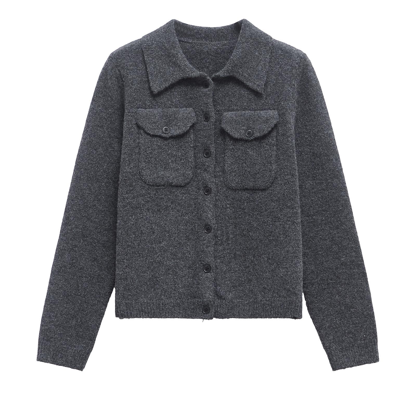 

Зимний женский вязаный кардиган в европейском и американском стиле с воротником поло и длинным рукавом Medium