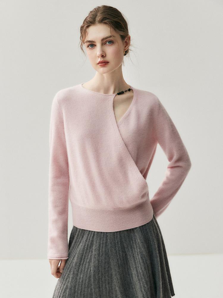 Women's Asymmetrical Cross-Collar Cashmere Sweater with Rolled Cuffs – Elegant Autumn/Winter Knitted Base Layer