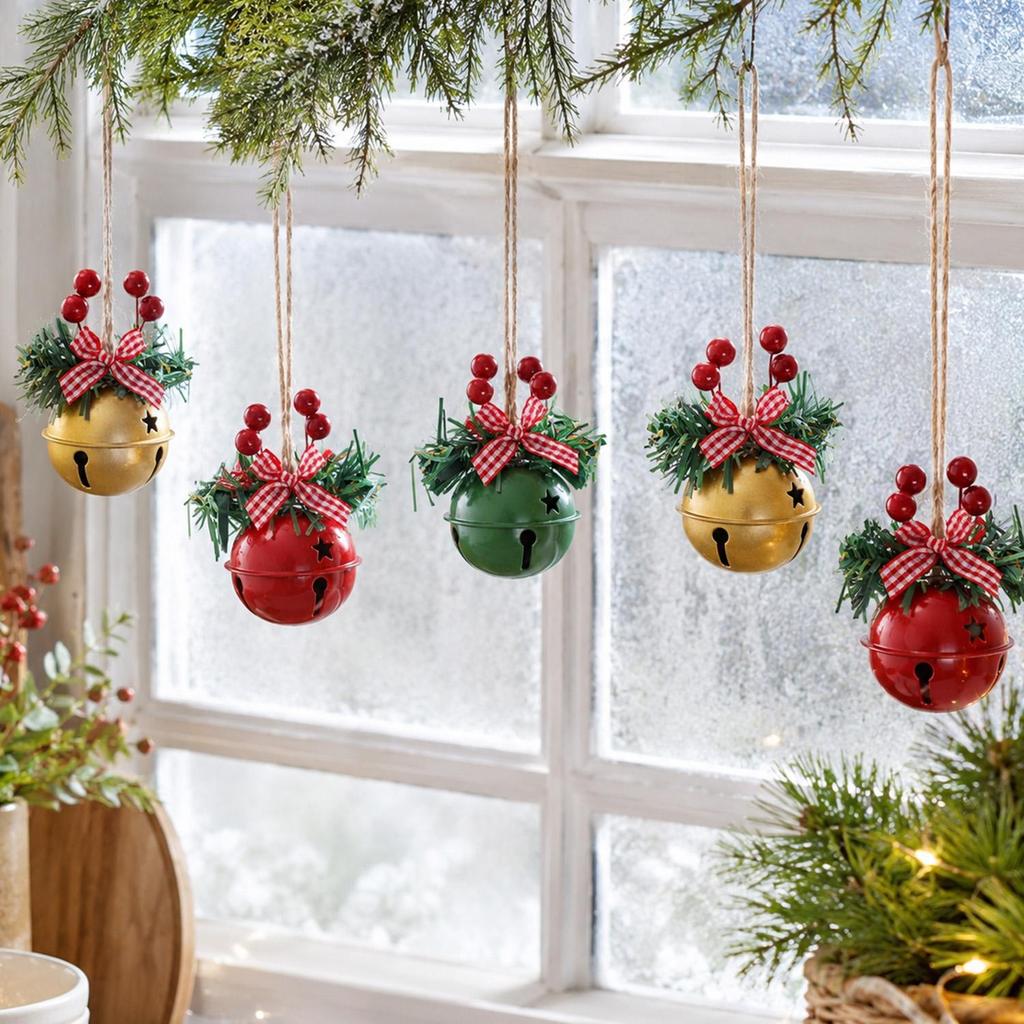 Christmas Metal Bell Ornaments Bowknot Red Berry Pine Needle Hanging Bells Xmas Tree Pendants for Holiday Party Decor Supplies