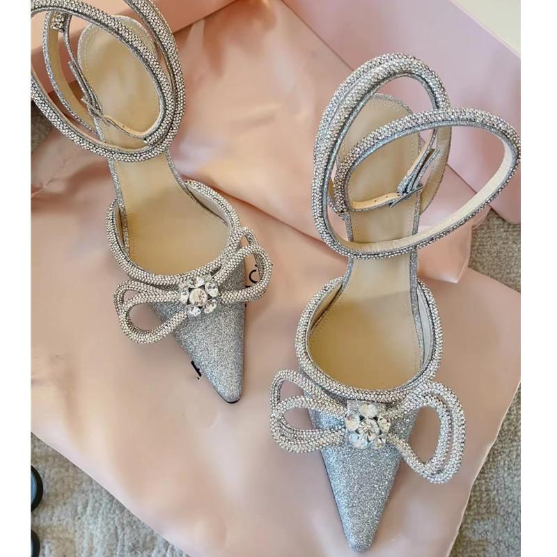 Ins style Glitter Crystal Women Pumps Sexy Ankle strap Rhinestones Bowknot Wedding High heels Summer Party Prom Shoes
