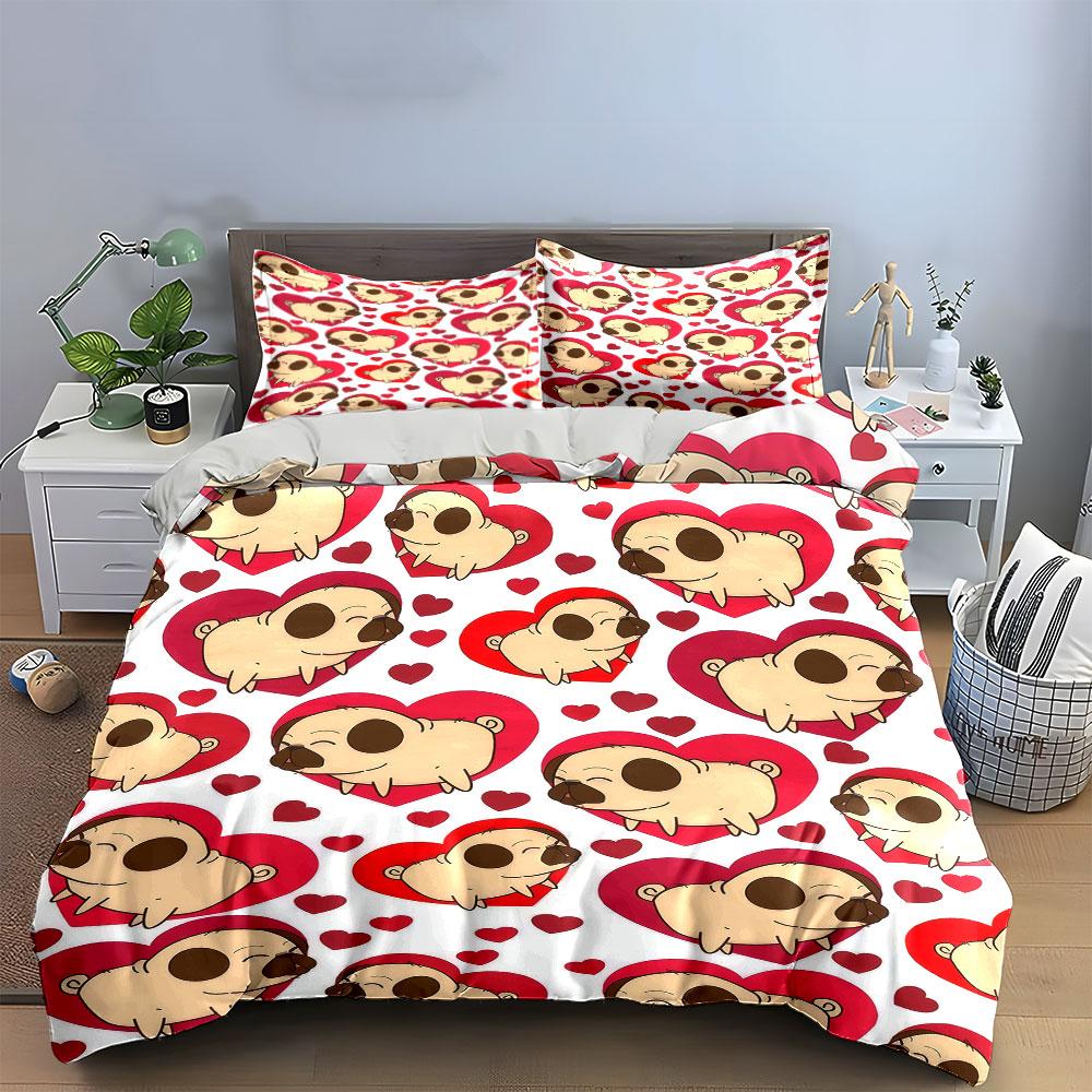 "Cartoon Pug Love Three-Piece Set" Bedding Set with 1 Duvet Cover 2 Pillowcases Single Double King Queen, Gift