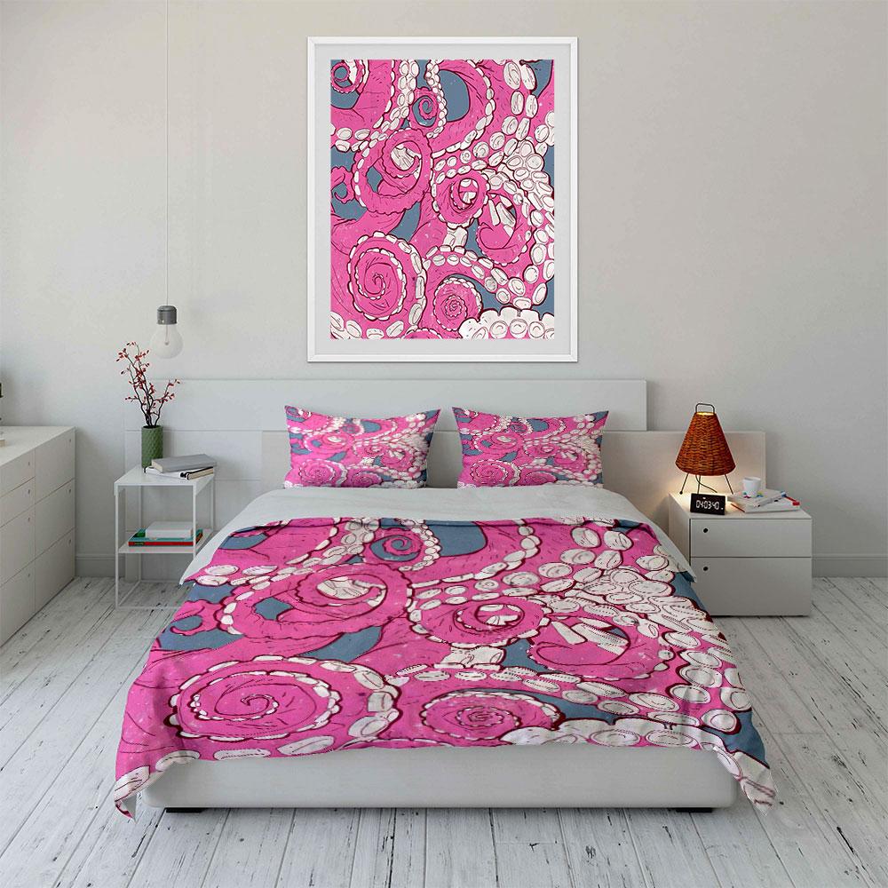 3Pcs Octopus Tentacles Bedding Set, Pink Ocean Creature Print Duvet Cover Set, Soft Microfiber For Teens And Adults