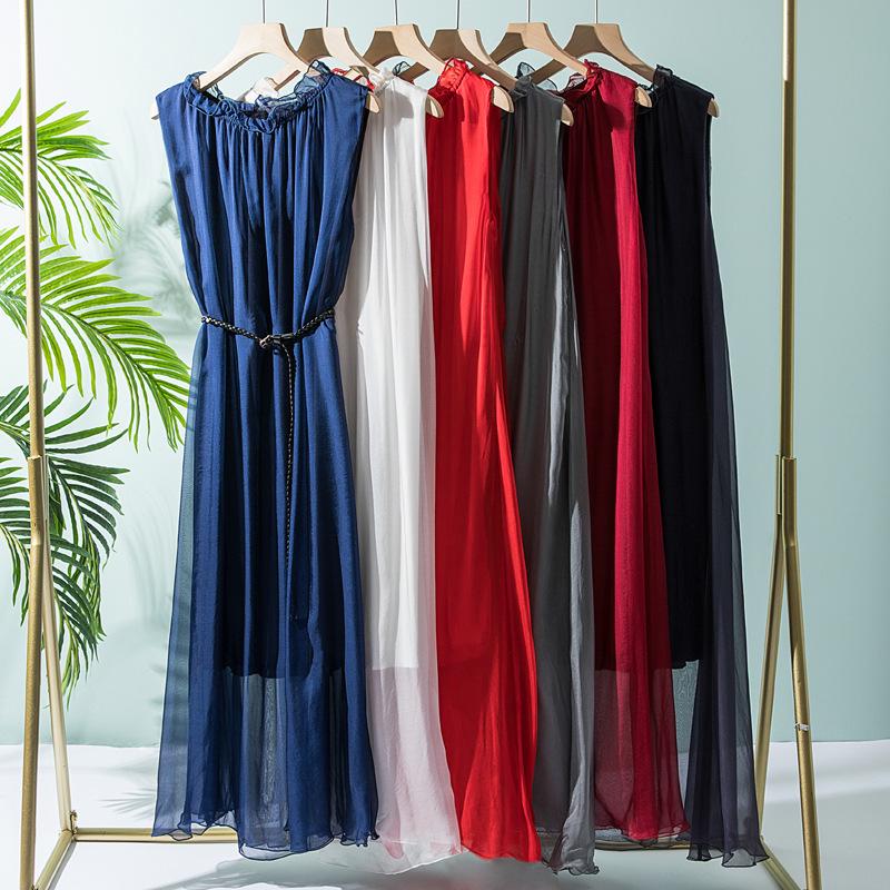 Elegant Sleeveless Silk Midi Dress with Belted Waist and Loose Hem for Summer 2022 Women's Fashion.