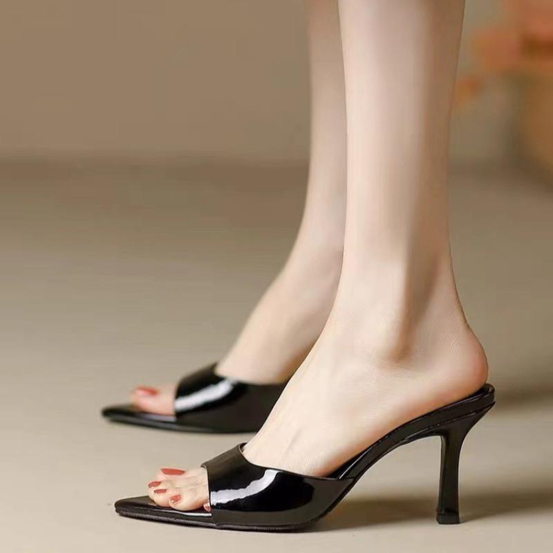 Summer Women's High Heels Sexy Pointed High Heeled Slippers Luxury Leather High Heels Slippers for Women Open-toed Mules Slides