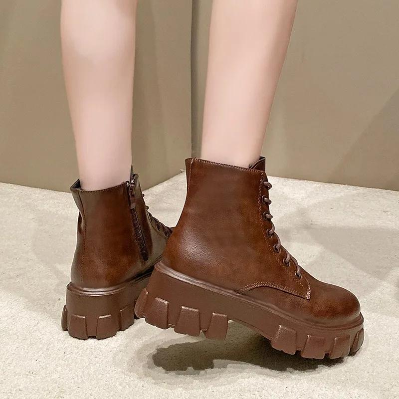 Fashion PU Leather Women's Boots 2025 Autumn New Shoes Women Fashion Lace Up Ankle Boots Female Chunky Heels Platform Motorcycle Botas