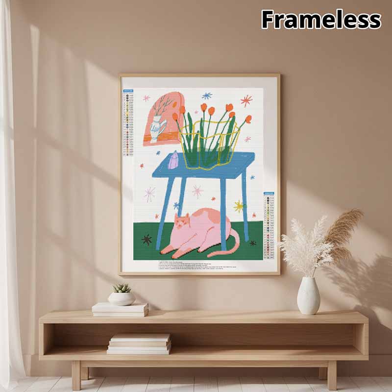 Full Drill Diamond Painting Kit Cute Pink Cat and Tulip Flowers Art Relaxing Creative Craft for Home Wall Decoration Enjoyable DIY Hobby Set