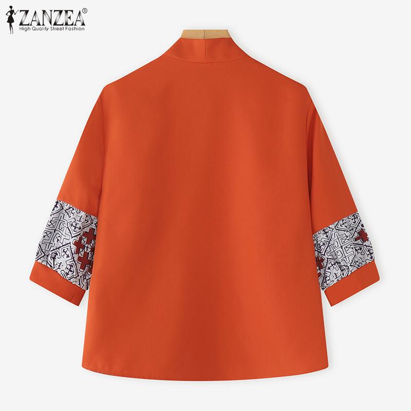 ZANZEA Womens Casual Half Sleeve Loose Print Patchwork Cardigan Blouse