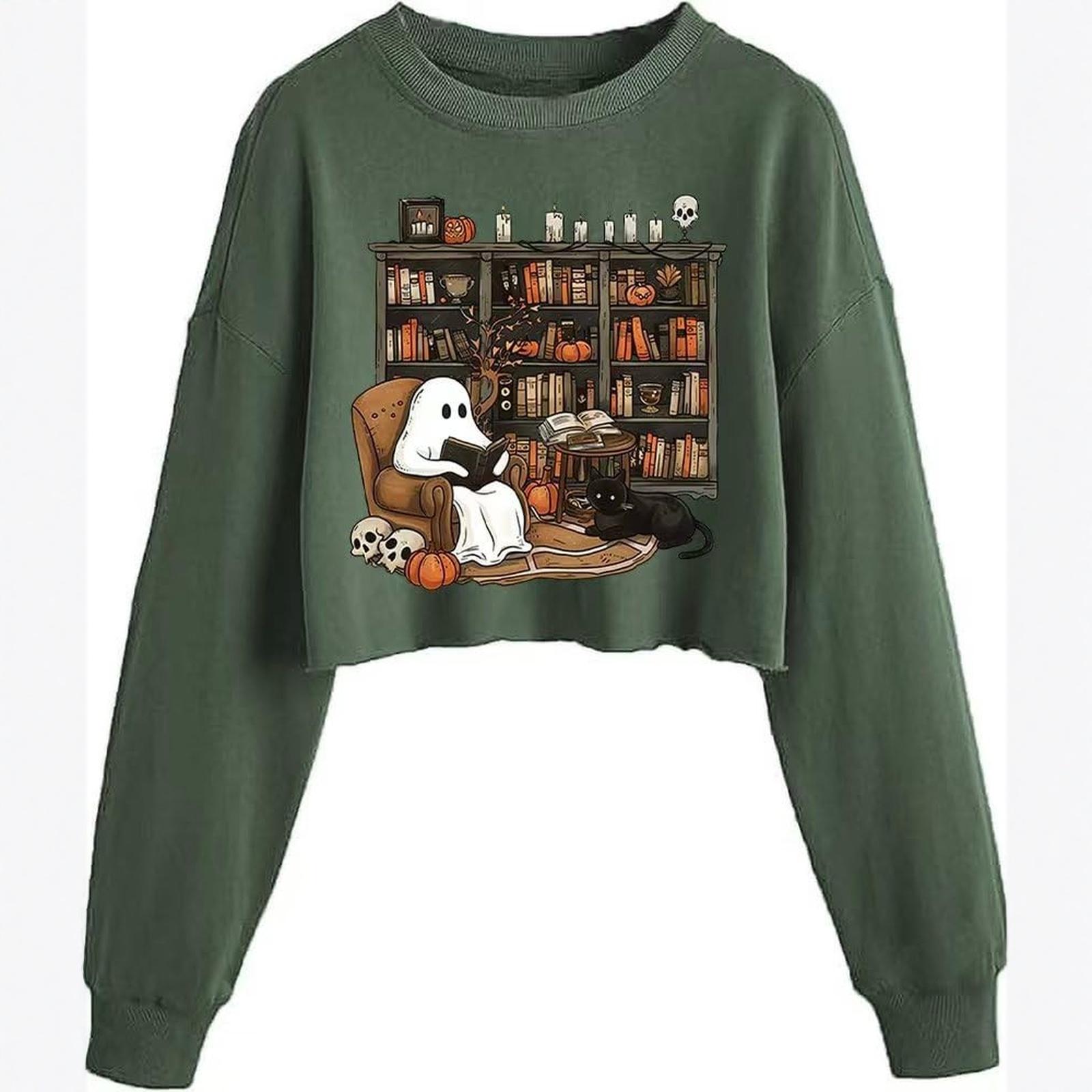 

Women s Crop Sweatshirt Fall Halloween Long Sleeve Pullover Sweatshirt L армія зелений колір