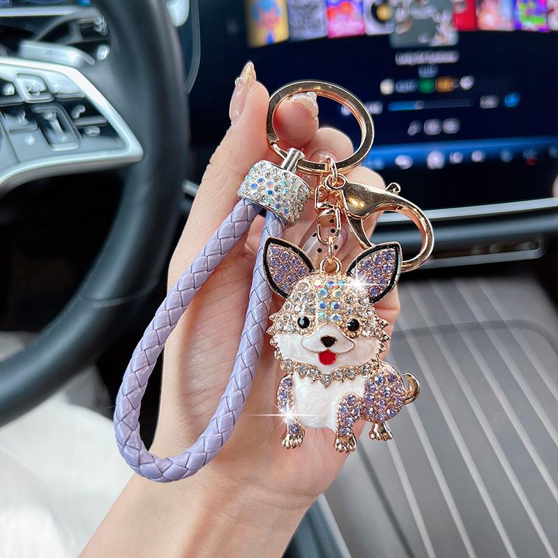 Cute Dog Car Key Chain Pendant Dripping Oil Inlaid with Diamonds Animal Puppy Fashion Bag Pendant Small Gifts