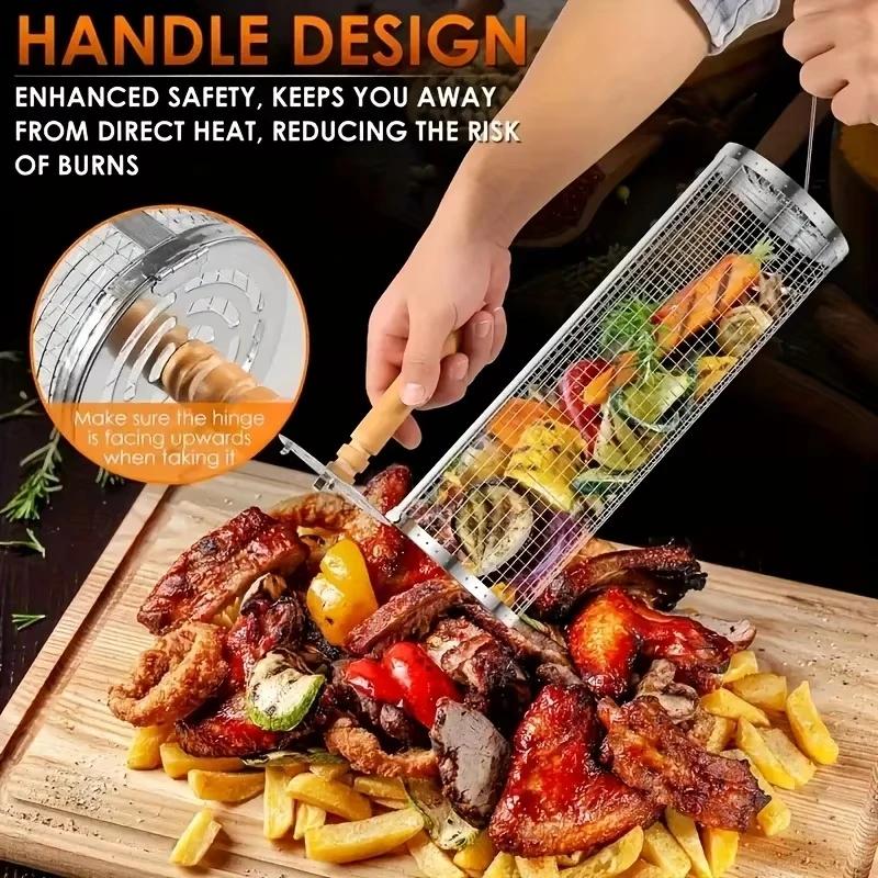 BBQ Basket Stainless Steel Rolling Grilling Basket Set Wire Mesh Cylinder Grill Basket Outdoor Camping Bbq Rack With Wood Handle
