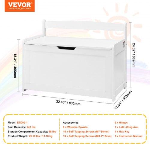 VEVOR Wooden Toy Chest for Kids, Toddler Toy Storage Box with Flip-Top Lid and Safety Hinge