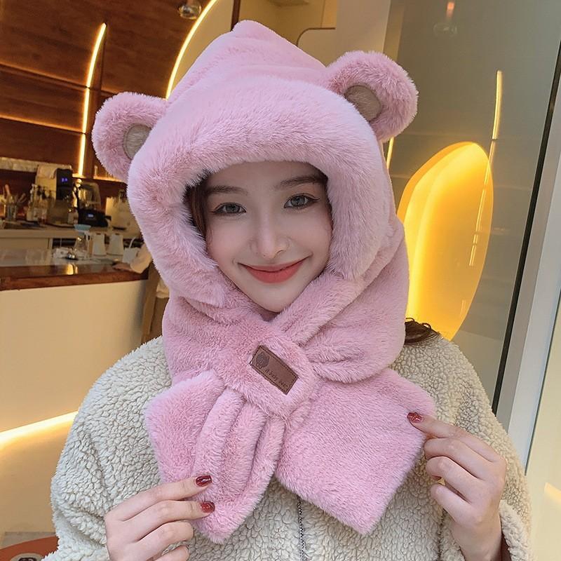 Winter hat, scarf, integrated thickened scarf, cute versatile cycling warm, fleece ear protectors, hooded warm hat