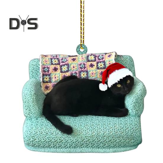 Christmas Cat Pendant Cartoon Cat with Santa Hat Ornament 2D Flat Acrylic Christmas Tree Decoration Cat Keepsake for Home Car Tree Decor