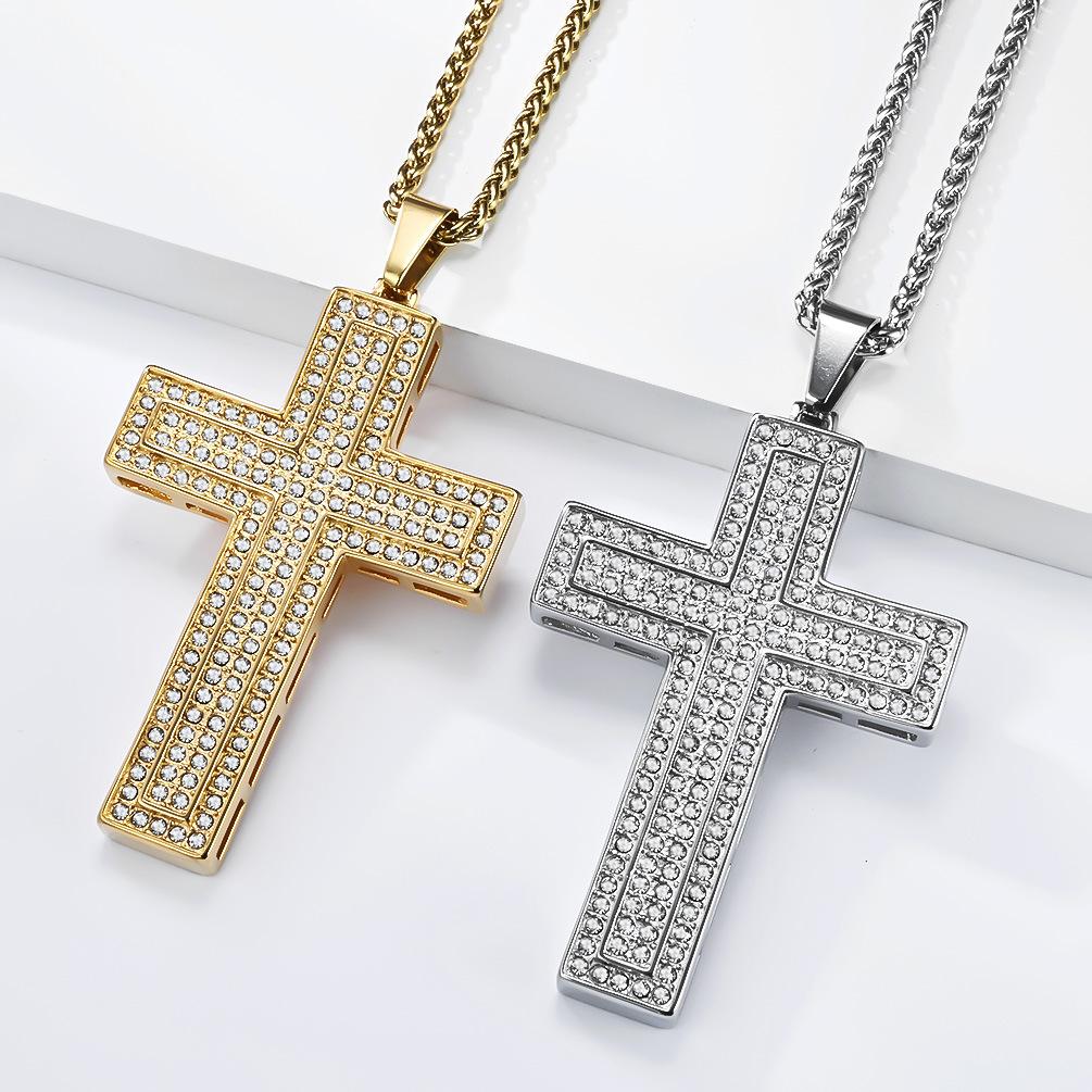 European and American Full Diamond Cross Pendant Steel 18K Gold Men's Niche Personality Necklace 2026