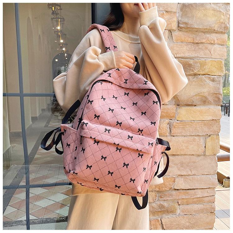 Schoolbag School Bag Female Junior High School College Student Corduroy Backpack Girl Solid Color Printed Velvet Backpack Storage