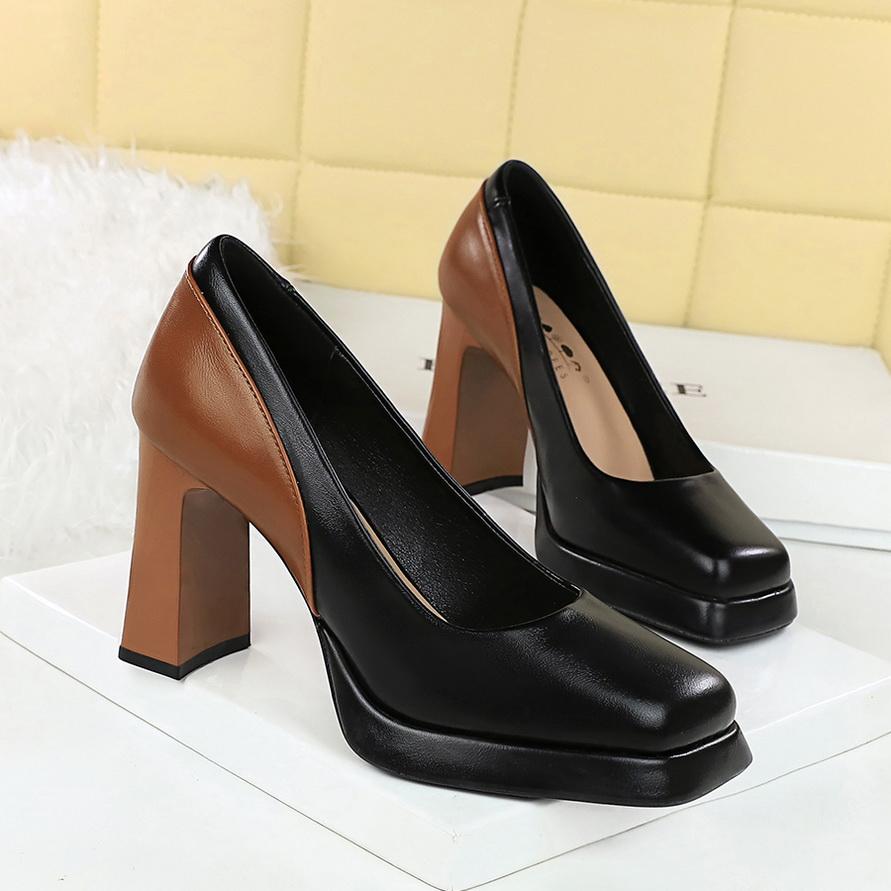 Shanggui Super Girl High Heels Thick Heels Color Blocked Single Shoes