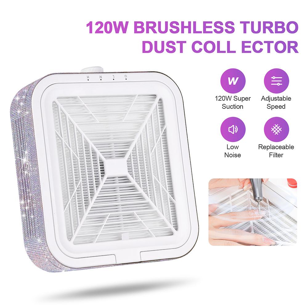 Diamond Nail Dust Collector 120W Powerful Brushless Nail Dust Extractor Super Suction Nail Vacuum Cleaner Nail Art Manicure Fan