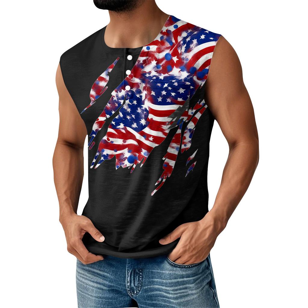 Men's Summer Independence Day Printed Sports Button Pocket Sleeveless Tank Top