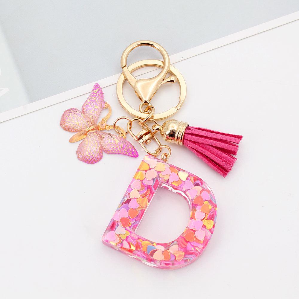 Pink Butterfly Tassel & Resin Sequin Letter Keychain - Backpack Charm for Women