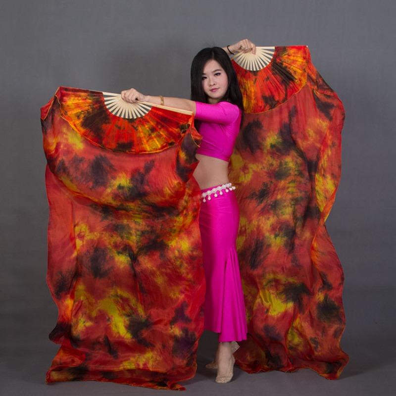 1pair/2pcs Real Silk Belly Dance Veil Fans Bamboo Handmade Tie-dye 150cm/180cm Performance Long Fan BellyDance Fan Veil