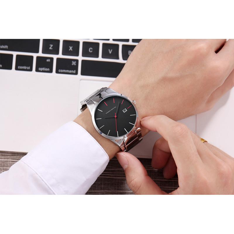 HannahMartin Men's Waterproof Watch fashion Silver Stainless Steel Belt Quartz Watch Large Dial