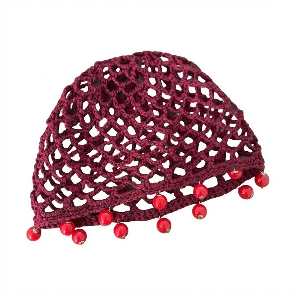 Pearl Fringed Crochet Hat Hollowed Out Woven Hat Casual Beret Cap  Bride Headpiece