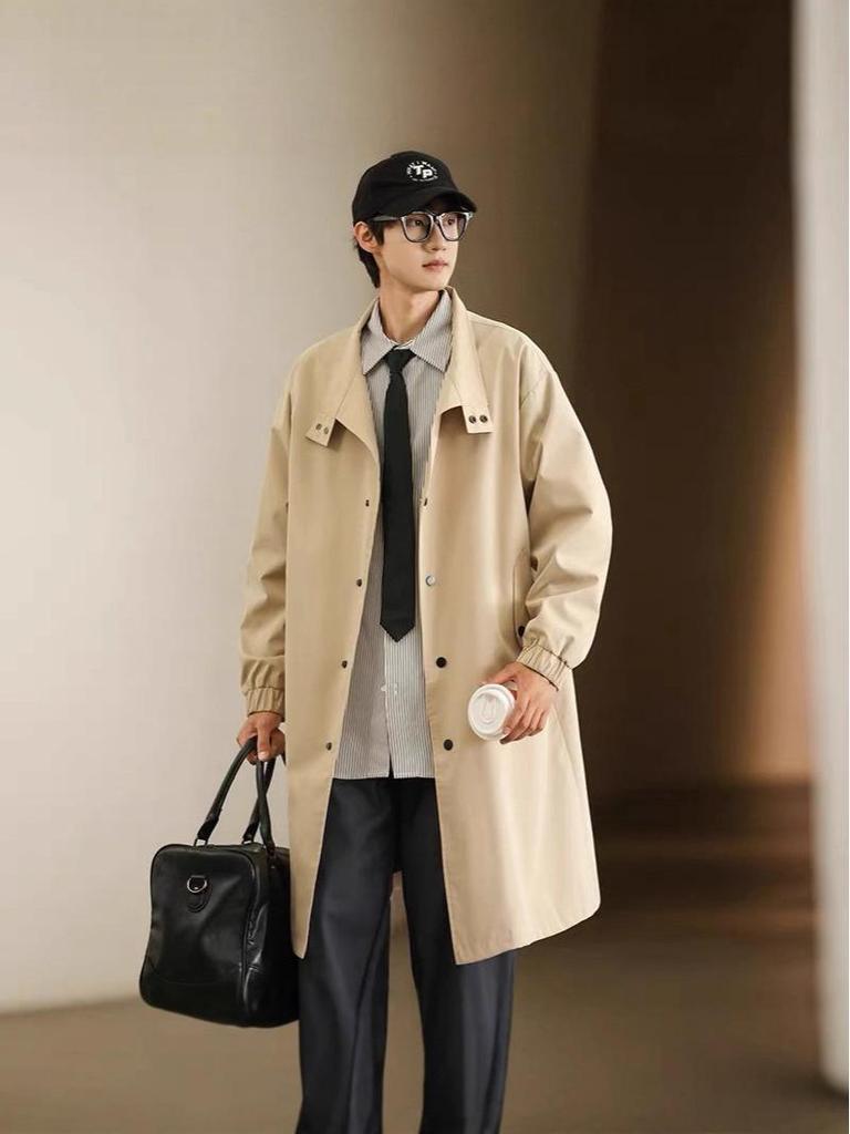 Men's Mid-Length Single-Breasted Trench Coat with Stand-Up Collar - Loose Casual Fit, Plus Size, British Style Jacket