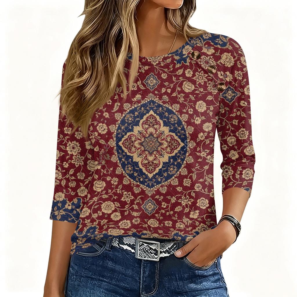 Damen 3/4 Ärmel Rundhals Knopfleiste Blumenmuster Oberteil Weicher Stoff Lässiger Lockerer Sitz T-Shirt für den Alltag