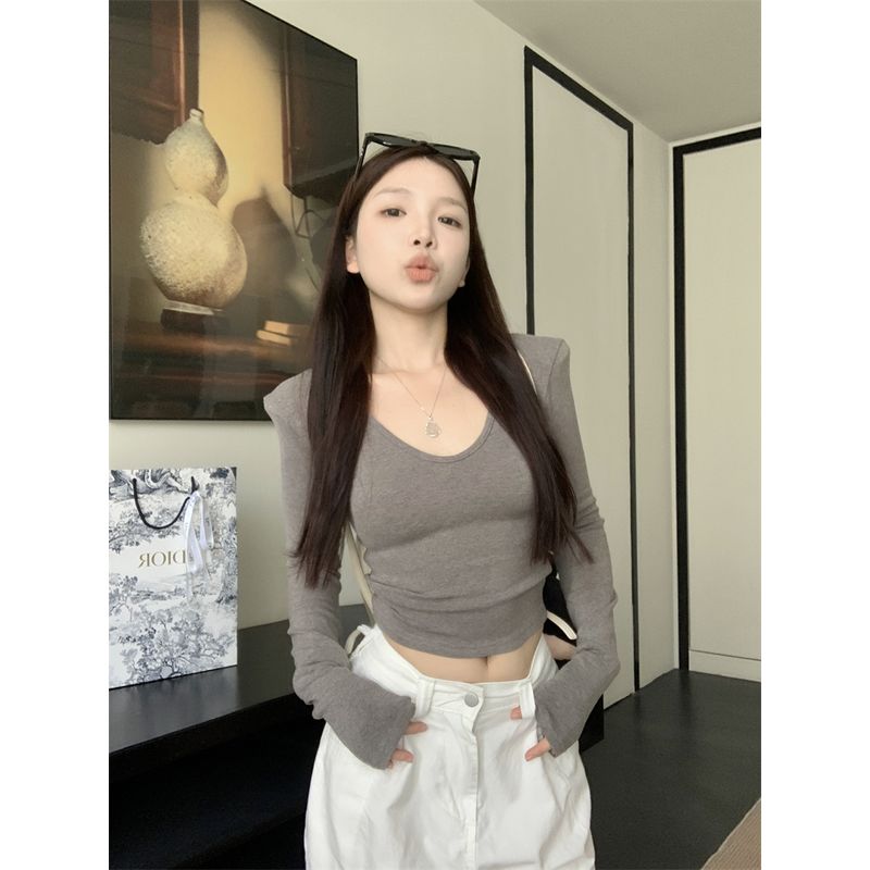Kumikumi Pure Desire Style Sexy Temperament Pure Color Shoulder Long Sleeves T-shirt Female Fall Slim Fit Slim Fit Versatile Top