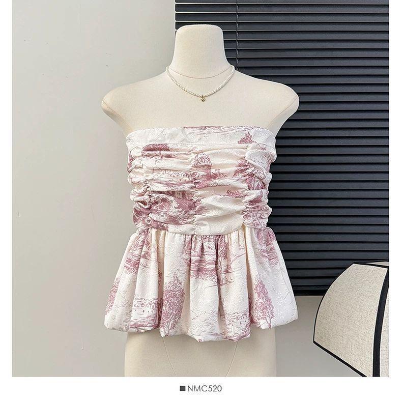 Sweet and Spicy Ink Printing Chiffon Tube Top Women's Summer French Waist Vest, Sleeveless Skirt Top