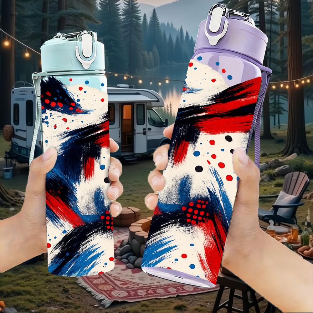 1PC Red Blue White Abstract Swirl Print 750ml Color Plastic Sports Water Bottle Leakproof Flip Straw Lid Suitable for Sports Office Home Use