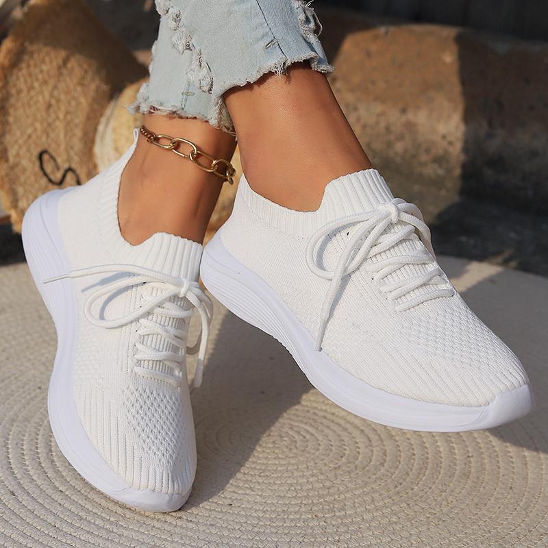 Fashion Solid Color Women's Knitted Sneakers 2025 Autumn Breathable Mesh Flats Woman Slip on Light Weight Walking Sport Vulcanize Shoes