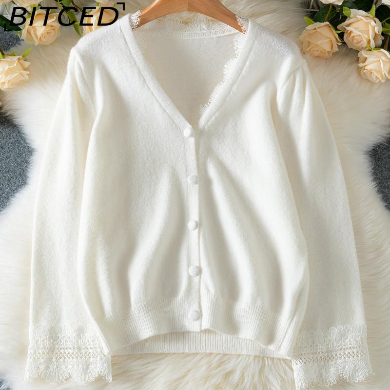 

BITCED Lace-Trimmed V-Neck Knit Cardigan for Women Autumn Fashion Elegant Oversized Solid-Color Top XL белый