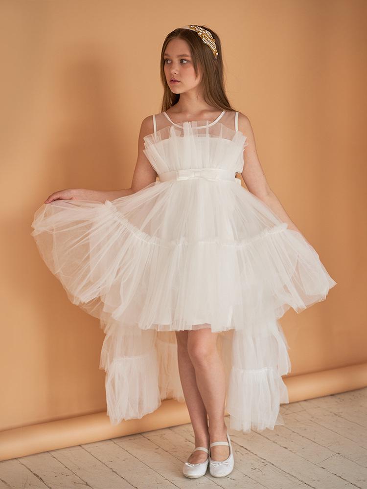 Girls' Princess Layered Puffy Train Gown for Piano Performances & Runway