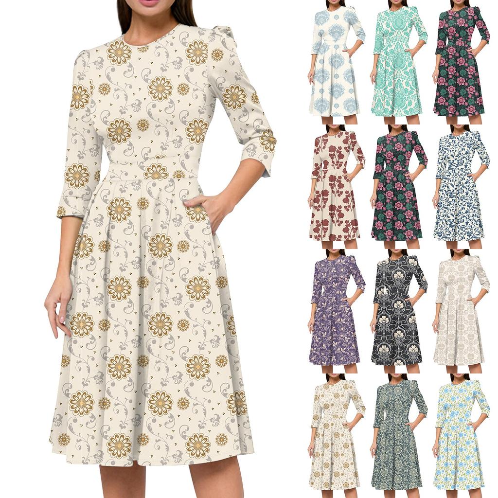 Lässiges und modisches Kleid für Damen mit Blumenmuster, 3/4-Ärmeln, Tasche und Reißverschluss auf der Rückseite