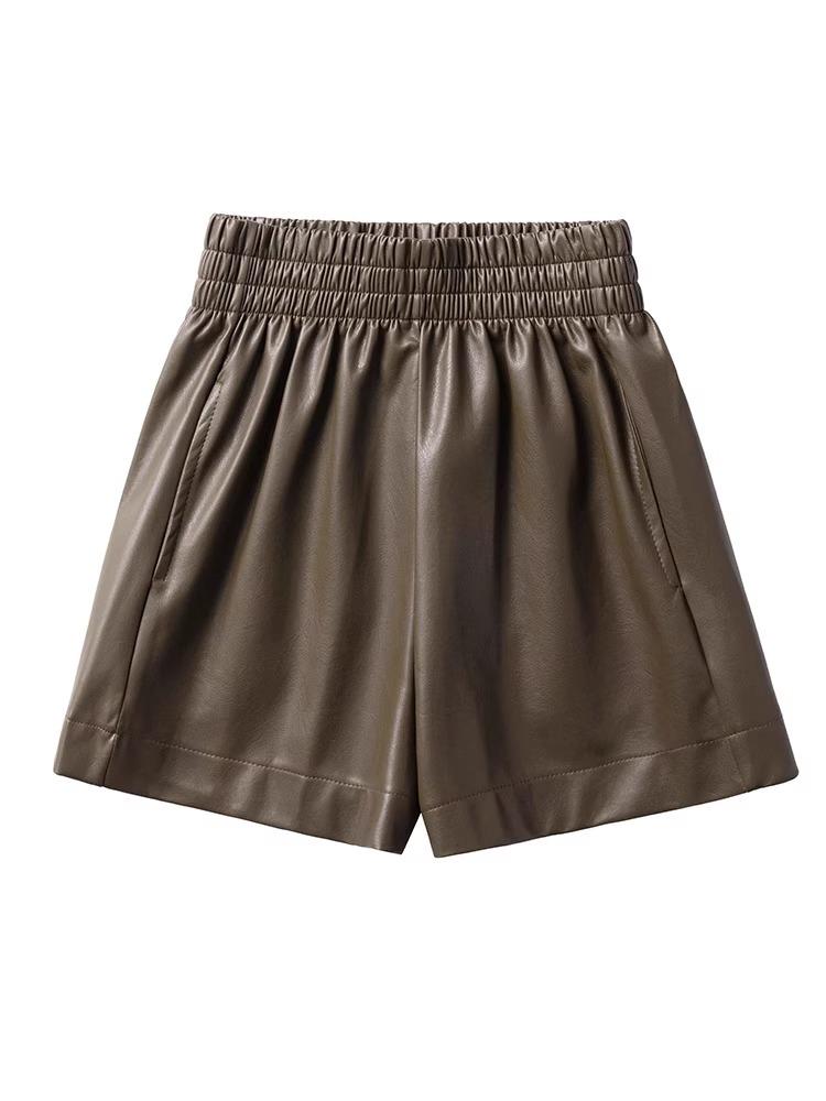 Women's High-Waist A-Line PU Leather Shorts - Brown, Autumn/Winter 2023, Fashionable Slim Wide-Leg Design for Outerwear with Boots.