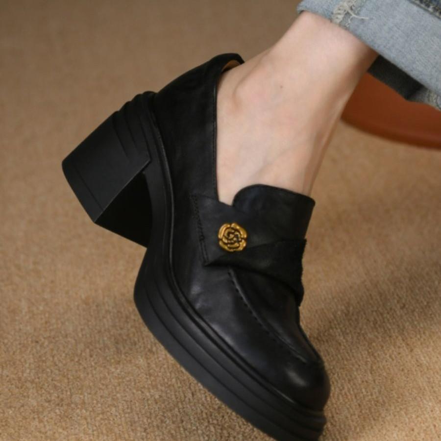 Schwarze Plateau-High-Heel-Einzelschuhe Damen Herbst Slipper Mode Ein-Pedal Wasserdicht Tisch Dicke Absätze Kleine Lederschuhe Damen