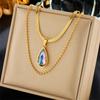 Gold Plated Stainless Steel Blue Teardrop CZ, Heart & Pearl Multi-Chain Necklace for Women