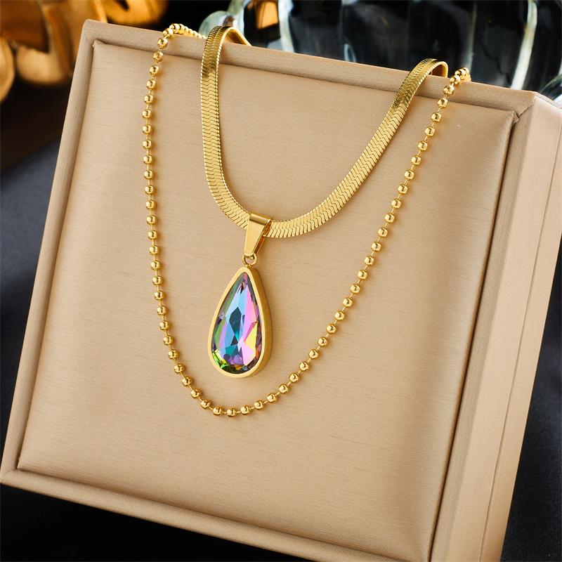 Gold Plated Stainless Steel Blue Teardrop CZ, Heart & Pearl Multi-Chain Necklace for Women